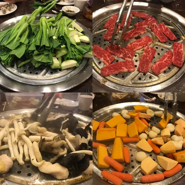 什菜配龍躉、手切牛肉、滑雞什菌、
