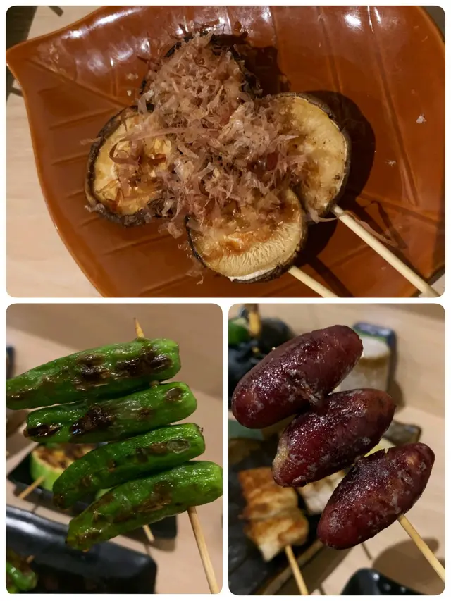 燒冬菇(上),青椒仔(左),燒甜薯(右)