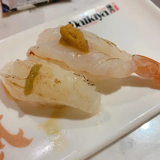 柚子胡椒汁燒左口魚壽司,海鹽燒海膽赤蝦壽司