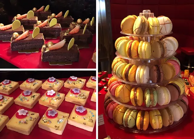 chocolate fudge cake, lemon tart, macaroons