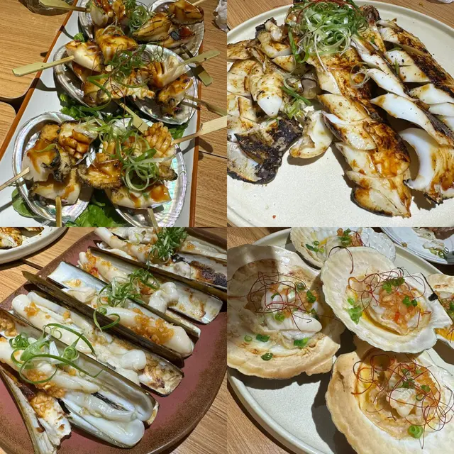 汁燒鮮鮑魚串、燒大鮮魷、蒜蓉蒸聖子皇、粉絲蒸元貝