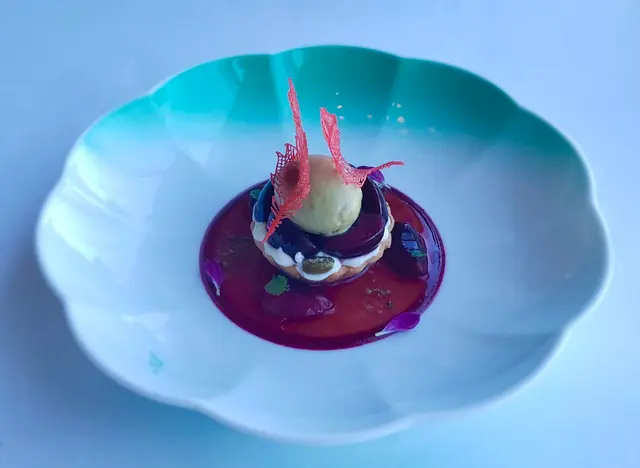 Dessert - Cherry Tart with Almond Cream and Pistachio Ice-Cream 
