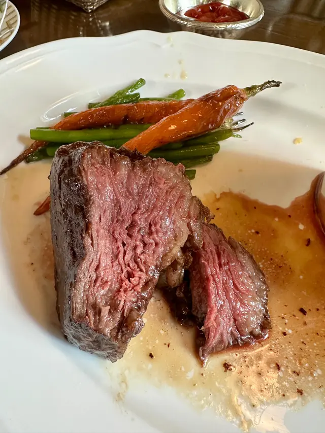 Beef Plat Iron with French Fries, Seasonal Vegetables and Jus