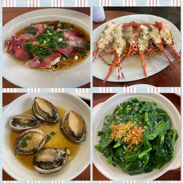 蒜蓉蒸开边龙虾、清蒸鱼（红瓜子）、蒸鲍鱼、蒜蓉炒豆苗