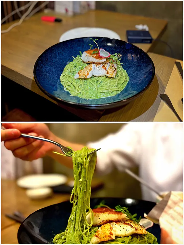 香煎比目魚配菠菜忌廉汁天使麵