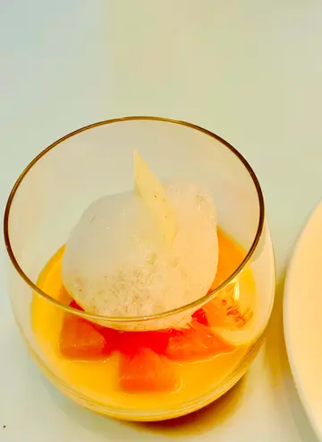 Yuzu and lemon posset, white chocolate tuile, blood orange and yoghurt ice cream