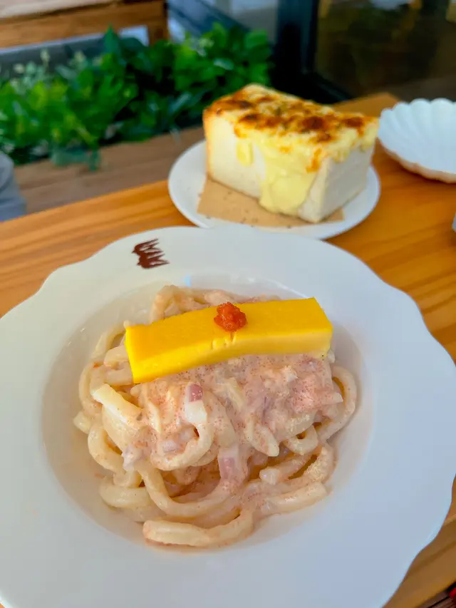 明太子芝士忌廉烏冬+布丁玉子