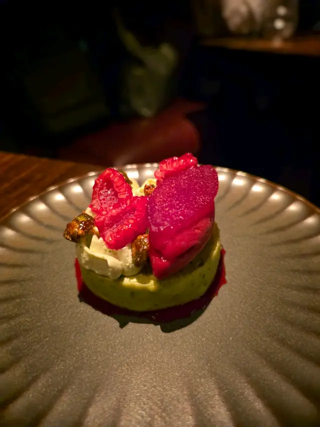 Sicilian Pistachio Cream Cheesecake with Raspberry Sorbet