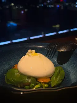 Burrata with peas, fava beans, pine nuts and mandarin