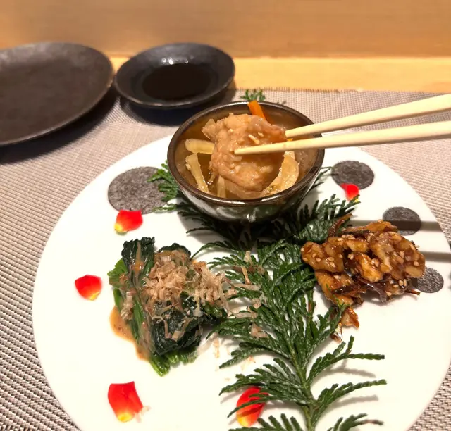 南蠻漬魚, 核桃魚肝, 胡麻醬菠菜