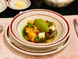 Heirloom tomato and plum salad |Basil sorbet