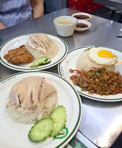 Khao Mun Gai Poached Chicken with Rice, Khao Mun Gai Poached & Deep Fried Chicken with Chicken Rice, Stir-fried Basil & Pork with Rice