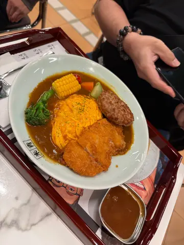 Tonkatsu with pork hamburg in curry sauce.