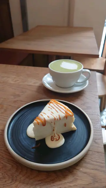 Angel cake and matcha latte