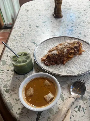Tagliatelle with Beef Ragu, Matcha Latte, Onion Soup